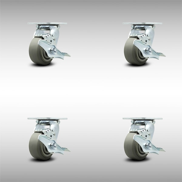 4 Inch SS Thermoplastic Rubber Swivel Caster Set with Ball Bearings and Brakes